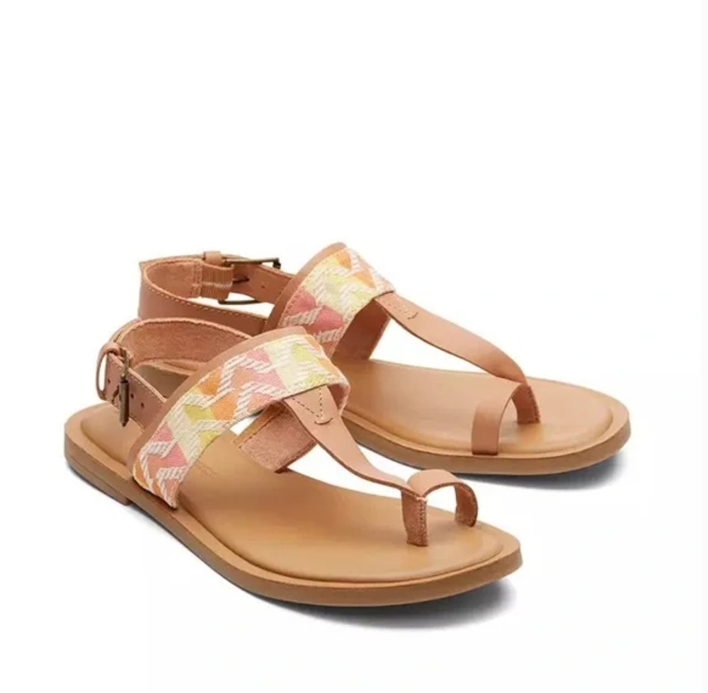 TOMS Bree Embroidered Leather Sandals 11 NWT Sling Back Chevron Tan Orange
